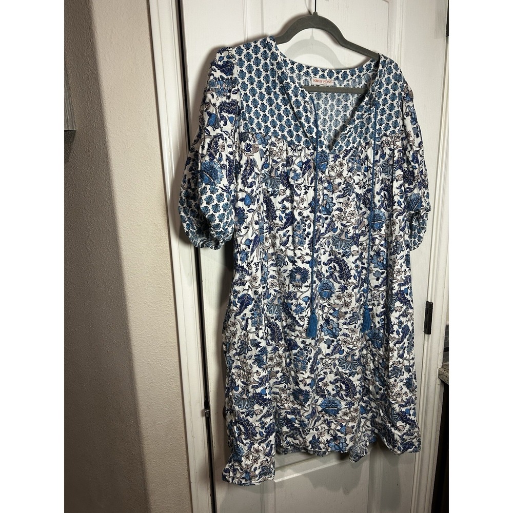 Knox Rose Short Sleeve Tunic Dress With Tie Neck Detail Size 1X Blue White Boho